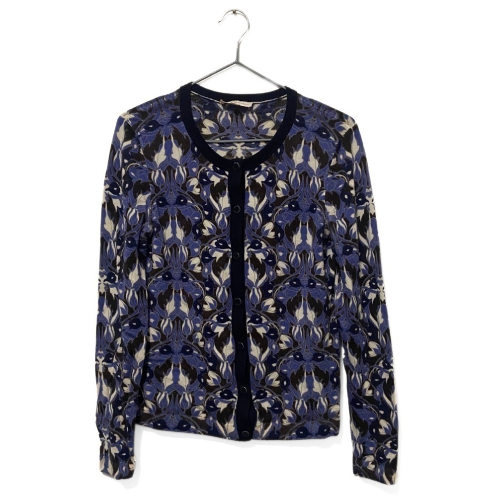 Tory Burch Blue/Black/White Merino Wool Printed Knit Cardigan Sweater Size Small